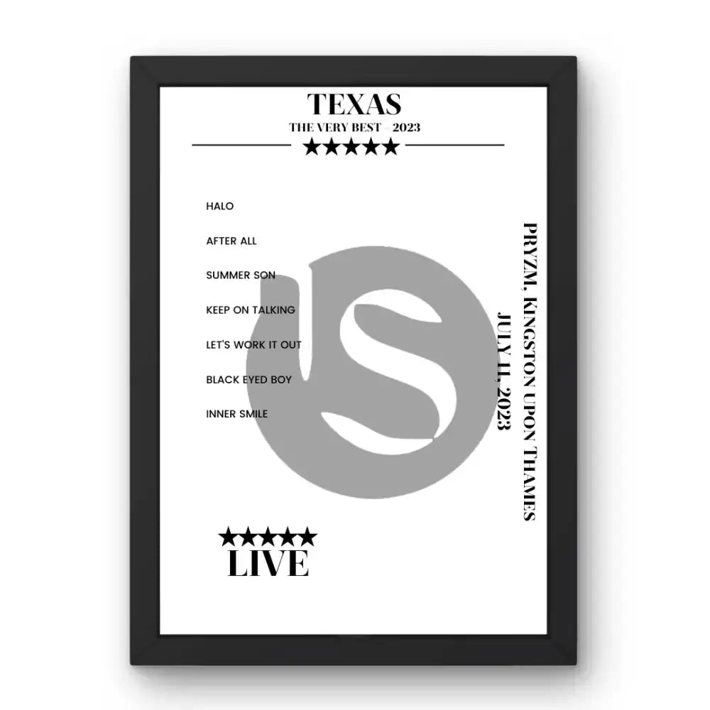 Texas PRYZM Kingston upon Thames 11 July 2023 Setlist Poster - Setlist