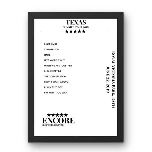 Texas Royal Victoria Park Bath 22 June 2019 Setlist Poster - Setlist