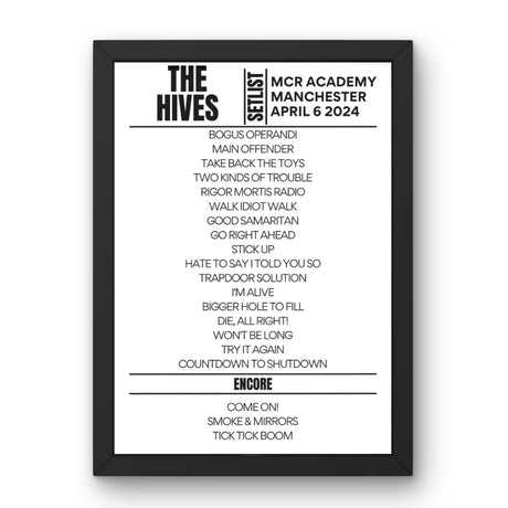 The Hives Manchester April 6 2024 Replica Setlist - Setlist