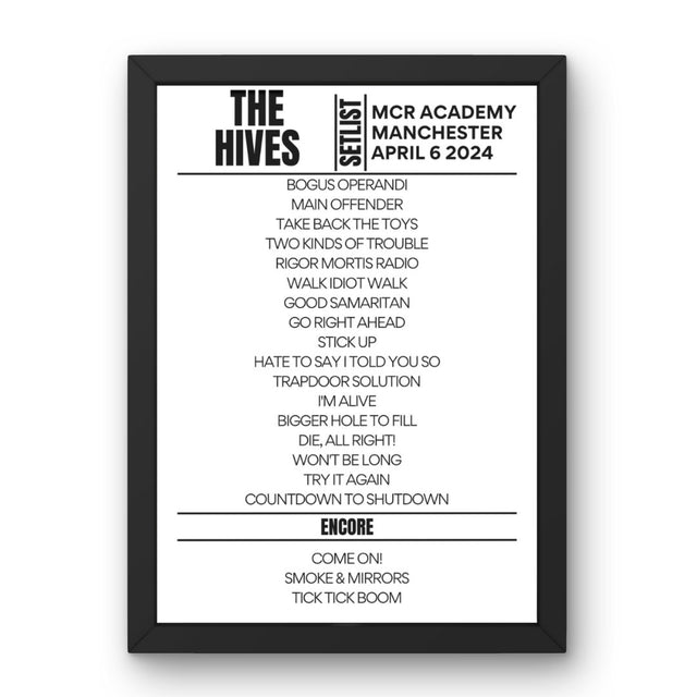 The Hives Manchester April 6 2024 Replica Setlist - Setlist