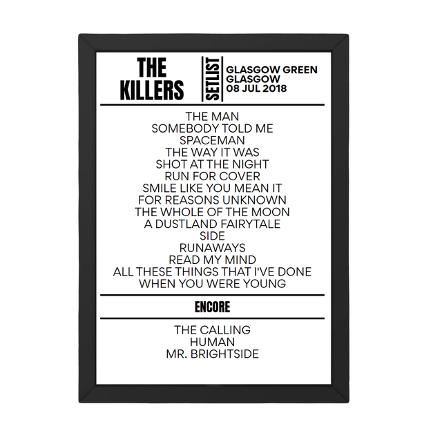 The Killers Glasgow July 2018 Replica Setlist - Setlist