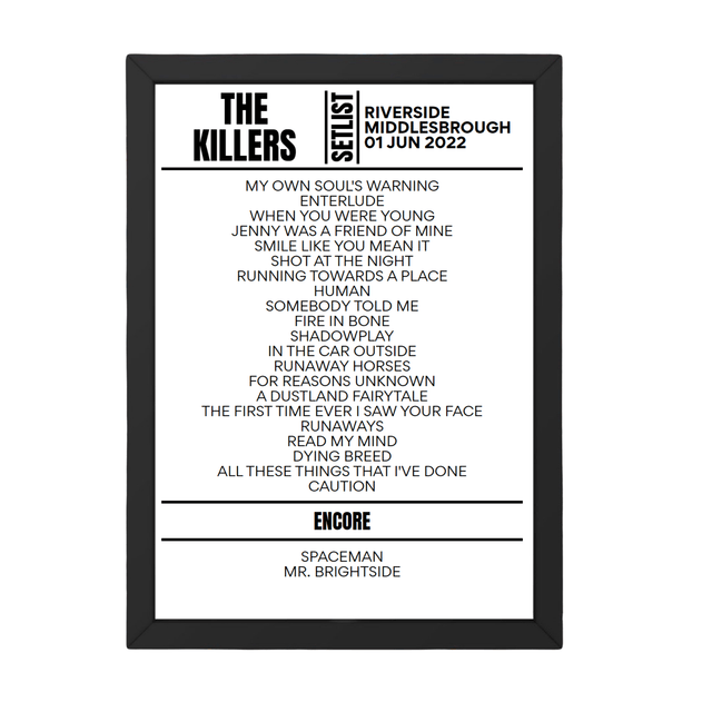 The Killers Middlesbrough June 2022 Replica Setlist - Setlist