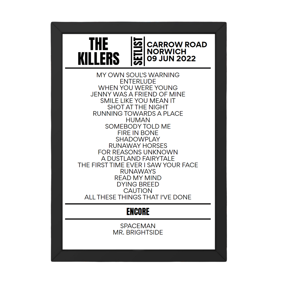 The Killers Norwich June 2022 Replica Setlist - Setlist