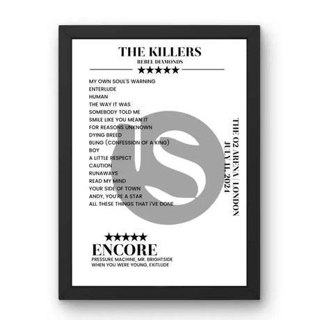 The Killers The O2 Arena London 11 July 2024 Setlist Poster - Setlist