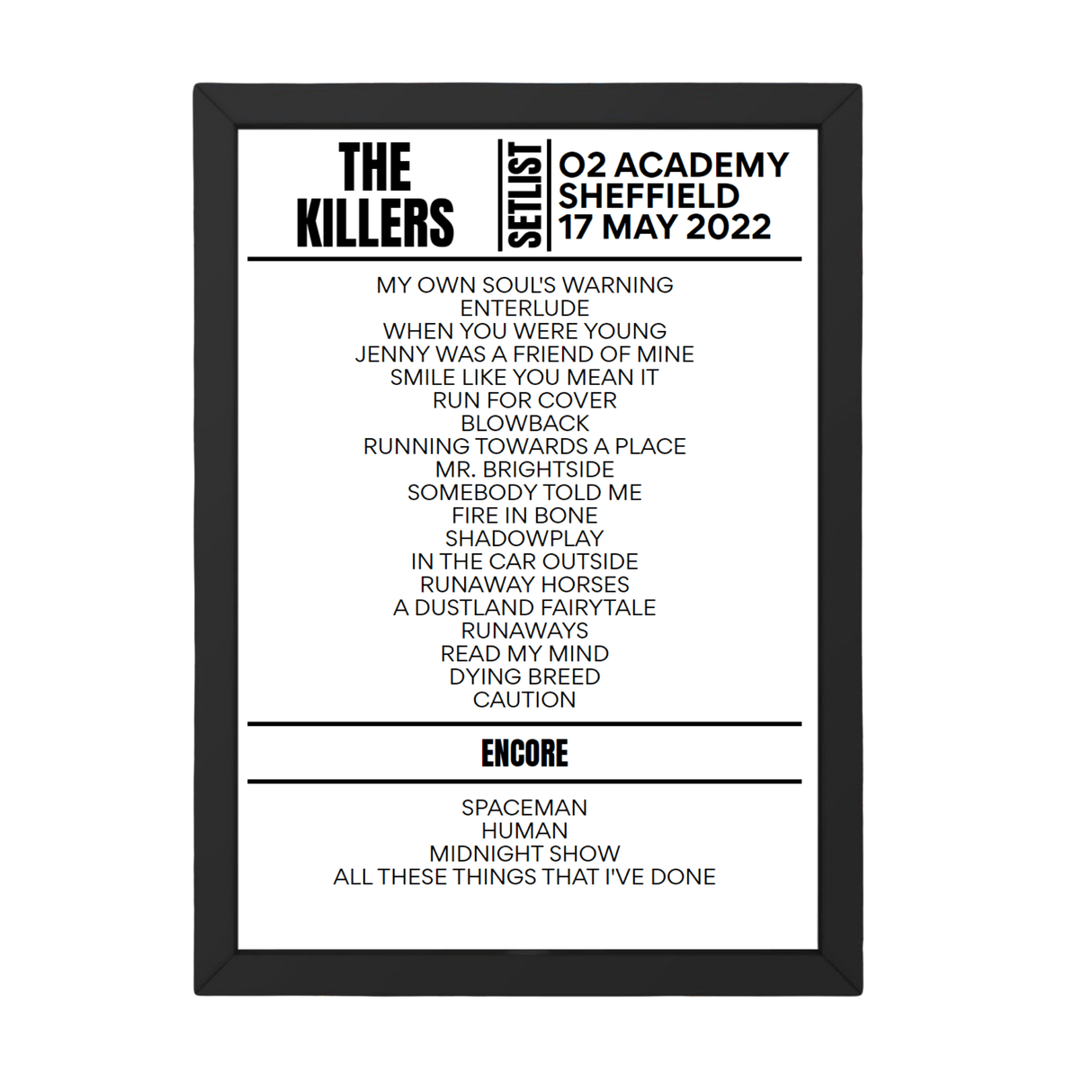 The Killers Sheffield May 2022 Replica Setlist - Setlist