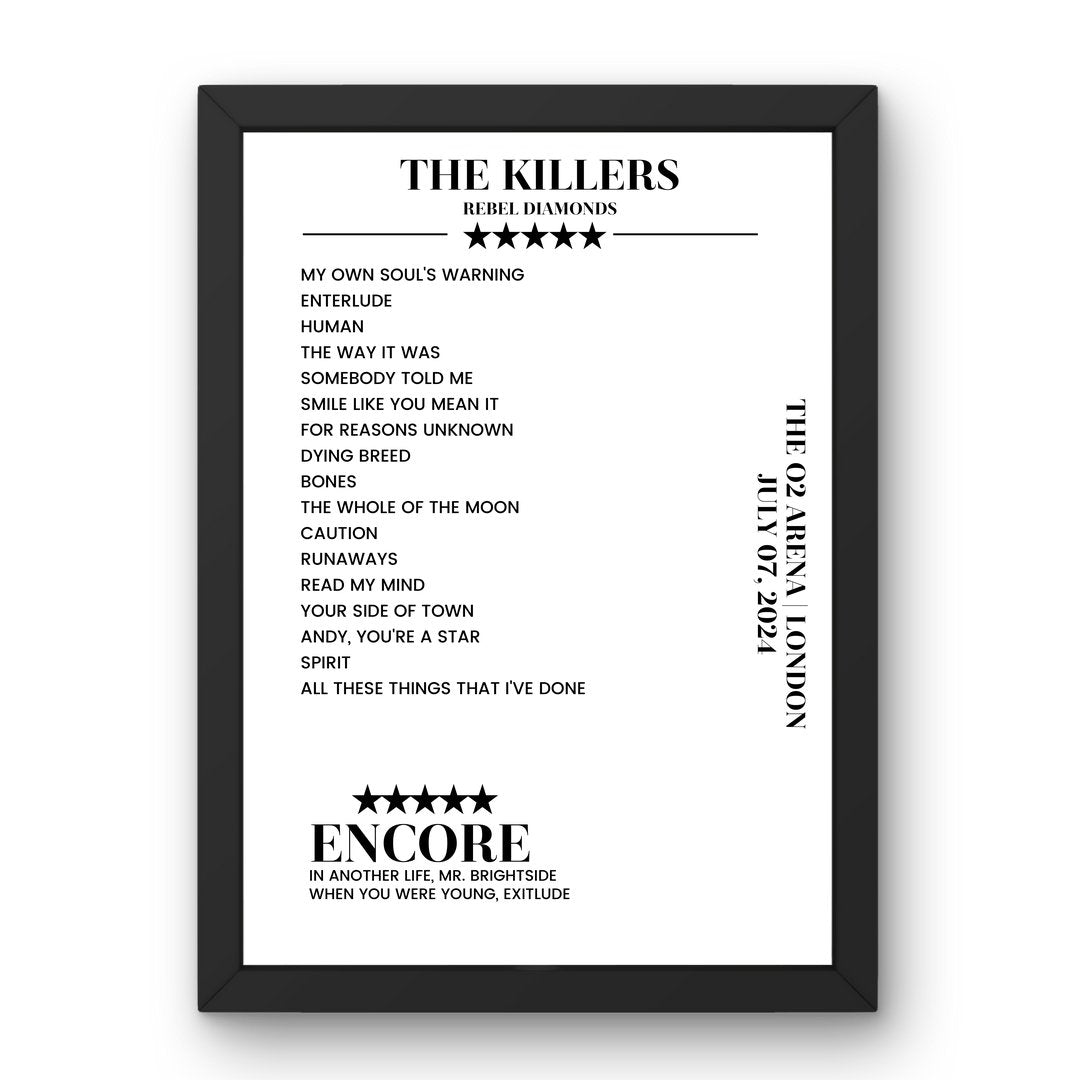 The Killers The O2 Arena London 07 July 2024 Setlist Poster - Setlist