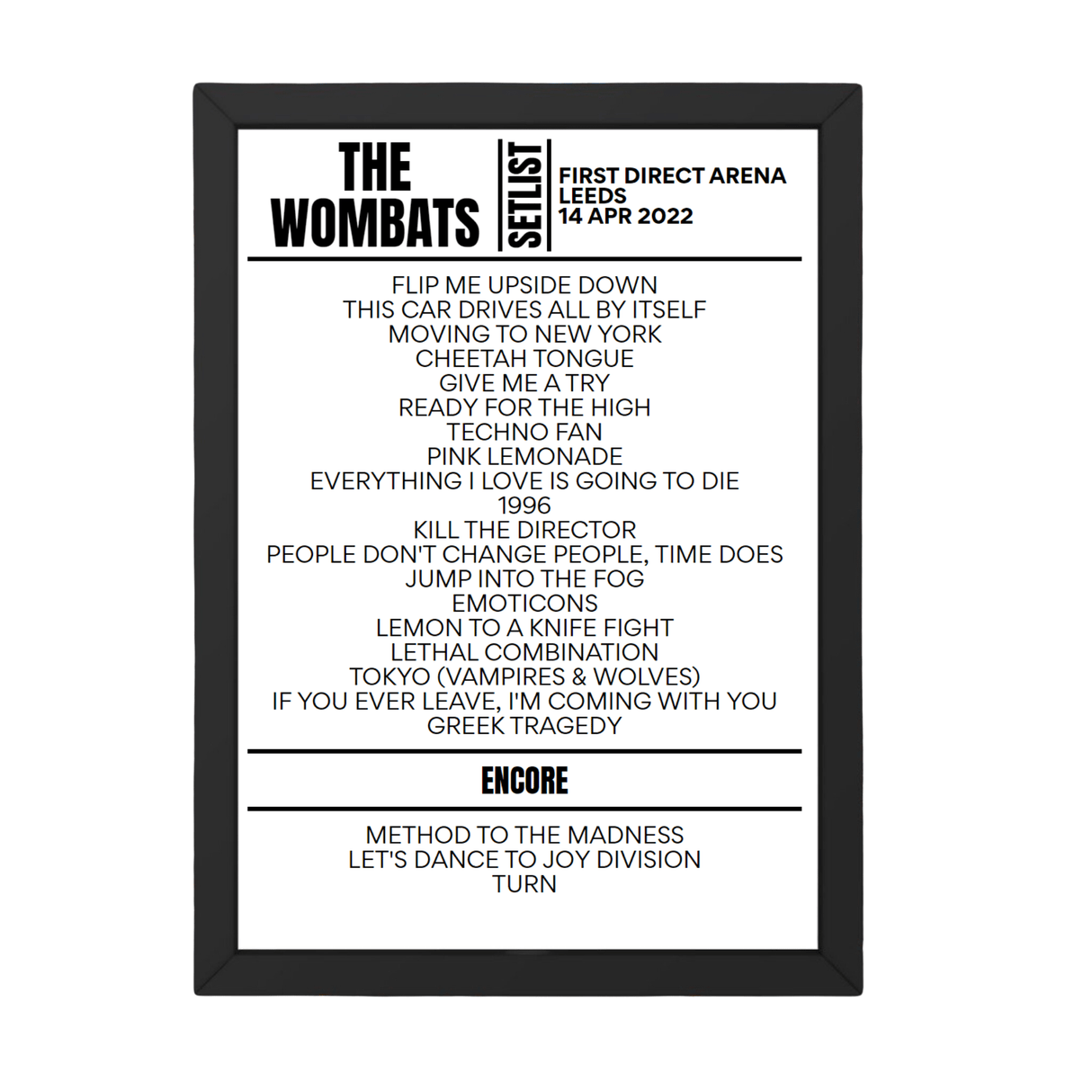 The Wombats Leeds April 14, 2022 Replica Setlist - Setlist