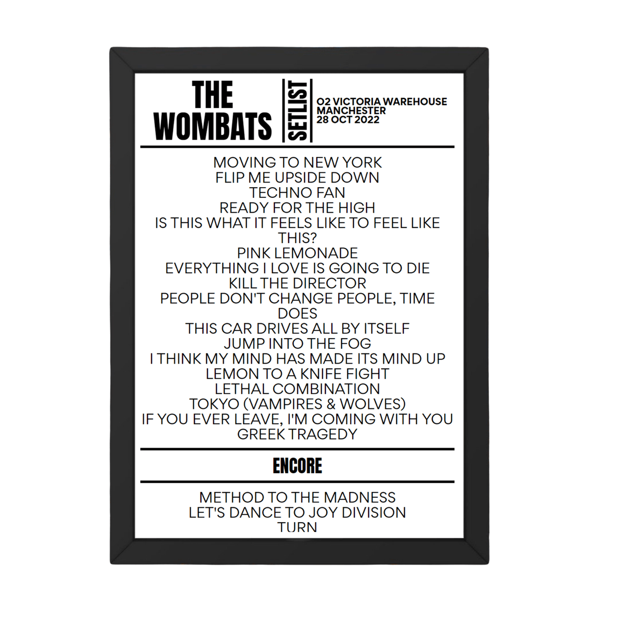 The Wombats Manchester October 28, 2022 Replica Setlist - Setlist