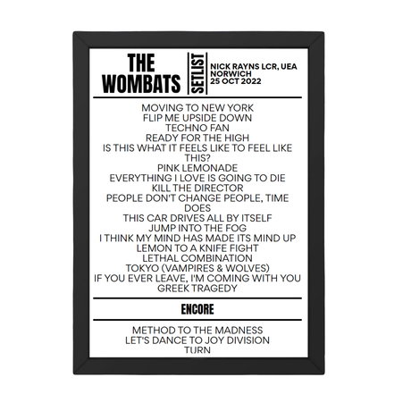 The Wombats Norwich October 25, 2022 Replica Setlist - Setlist