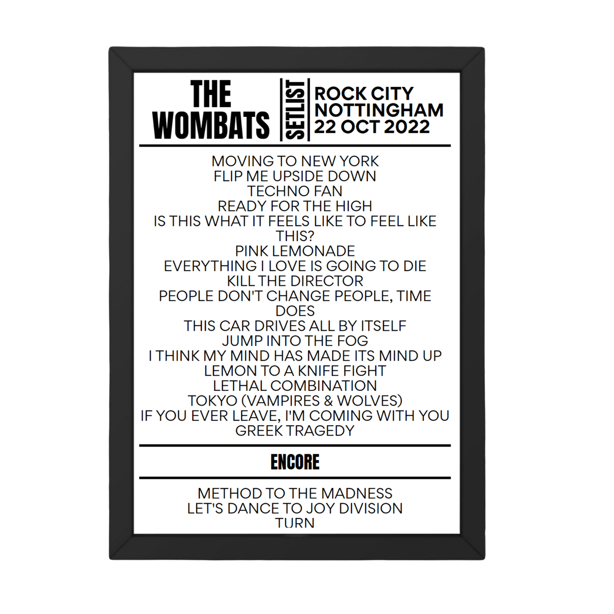 The Wombats Nottingham October 22, 2022 Replica Setlist - Setlist