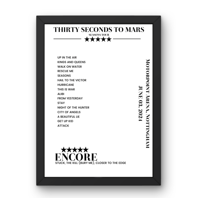 Thirty Seconds to Mars June 03, 2024 Motorpoint Arena Nottingham Setlist Poster - Setlist