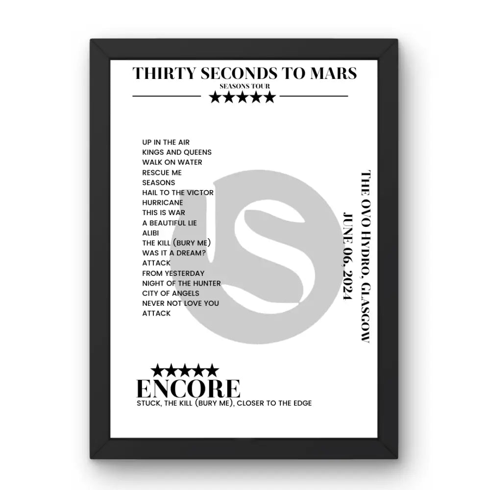 Thirty Seconds to Mars June 06, 2024 The OVO Hydro Glasgow Setlist Poster - Setlist