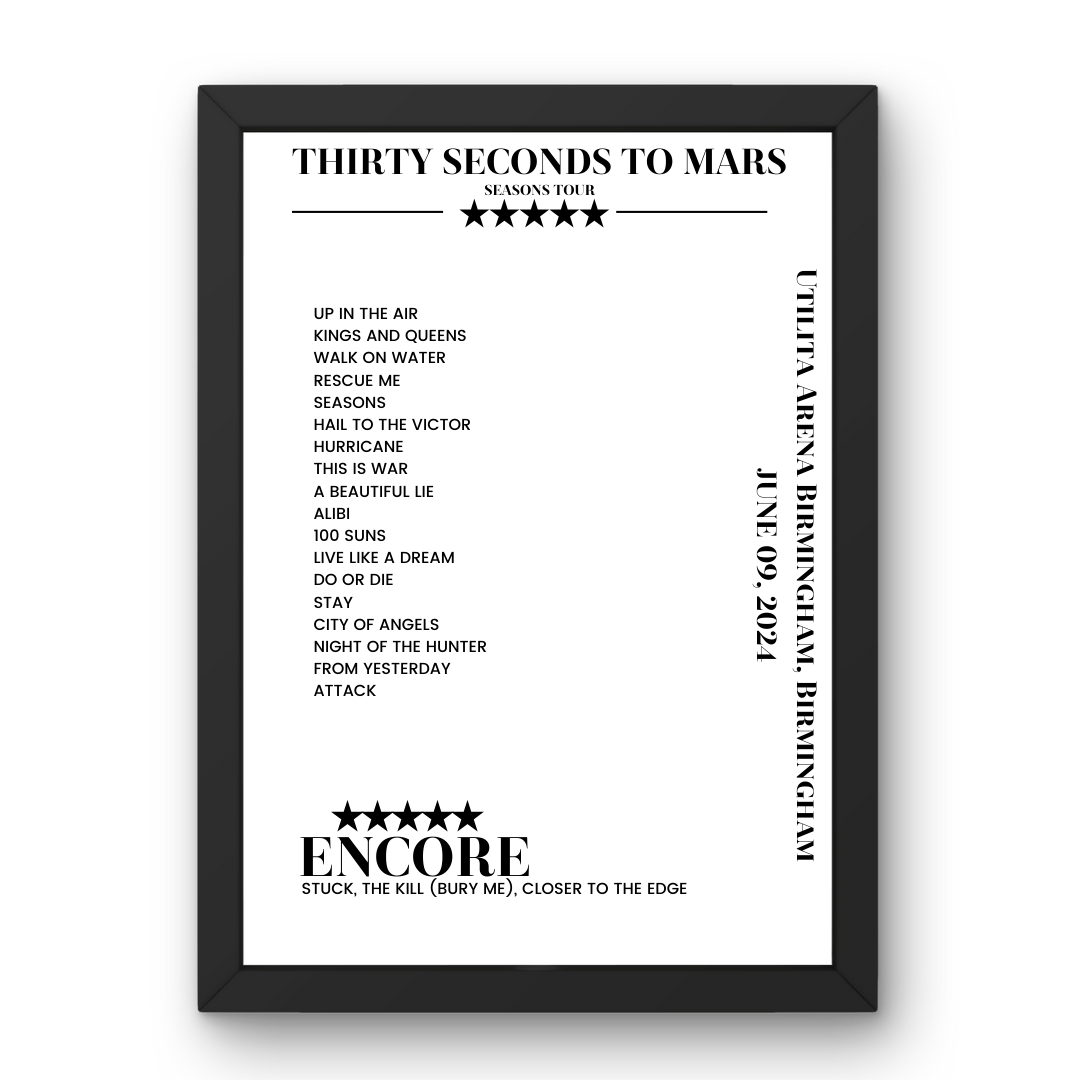 Thirty Seconds to Mars June 09, 2024 Utilita Arena Birmingham Birmingham Setlist Poster - Setlist