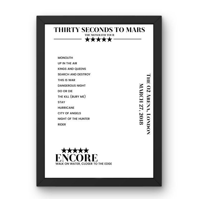 Thirty Seconds to Mars March 27, 2018 The O2 Arena London Setlist Poster - Setlist