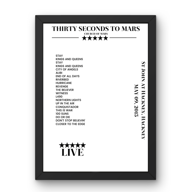 Thirty Seconds to Mars May 09, 2015 St John at Hackney Hackney Setlist Poster - Setlist