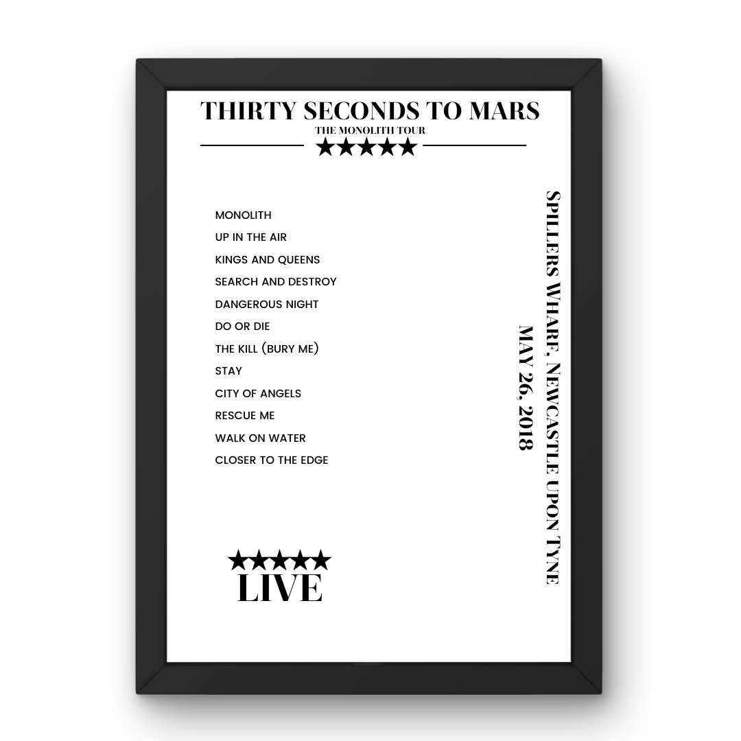 Thirty Seconds to Mars May 26, 2018 Spillers Wharf Newcastle upon Tyne Setlist Poster - Setlist