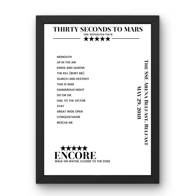 Thirty Seconds to Mars May 29, 2018 The SSE Arena Belfast Belfast Setlist Poster - Setlist