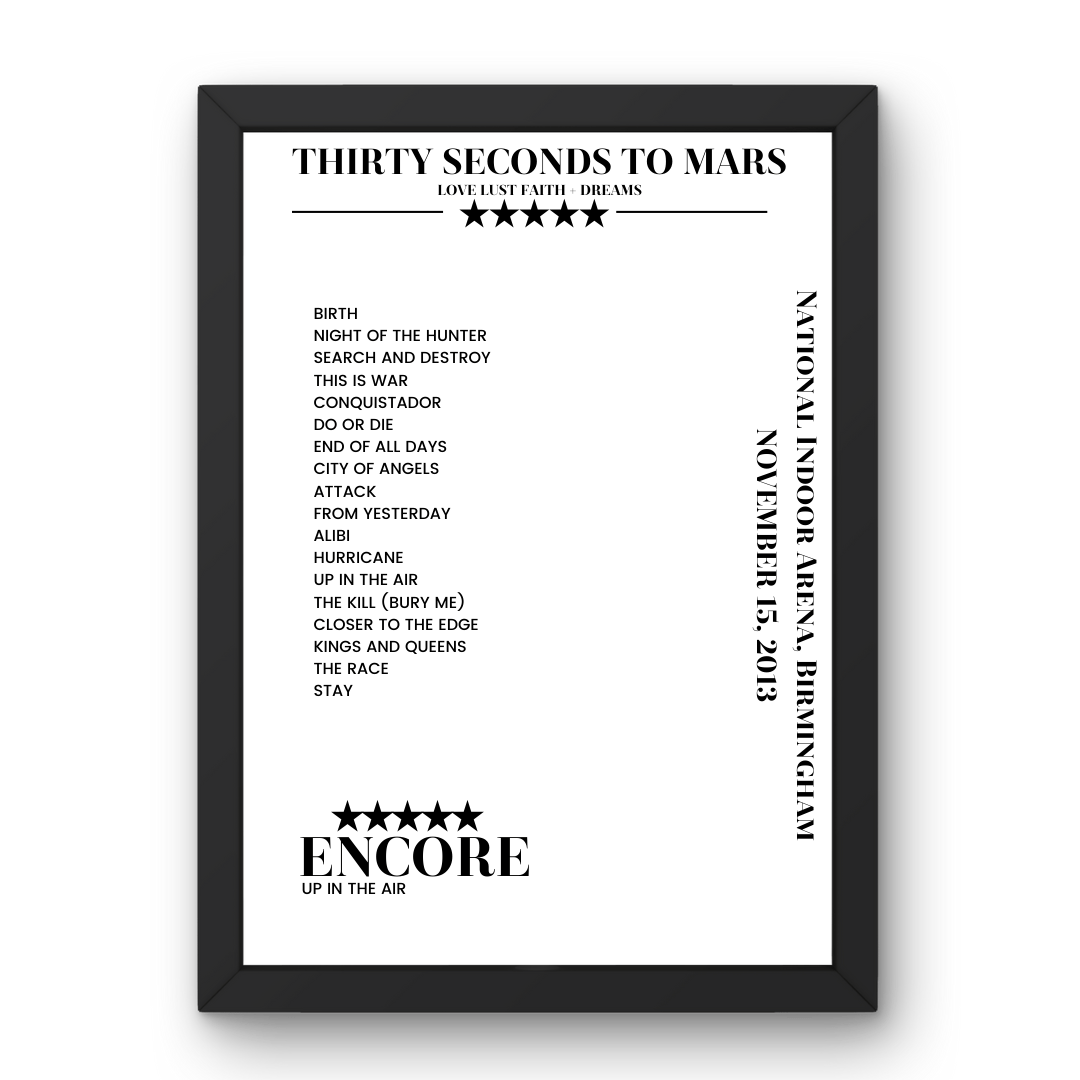 Thirty Seconds to Mars November 15, 2013 National Indoor Arena Birmingham Setlist Poster - Setlist