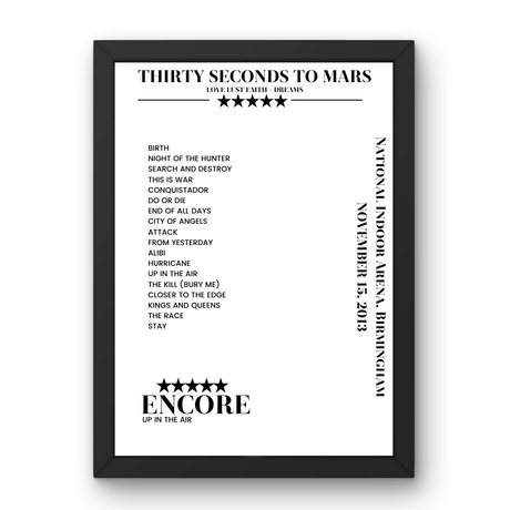 Thirty Seconds to Mars November 15, 2013 National Indoor Arena Birmingham Setlist Poster - Setlist