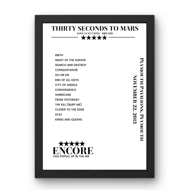 Thirty Seconds to Mars November 22, 2013 Plymouth Pavilions Plymouth Setlist Poster - Setlist