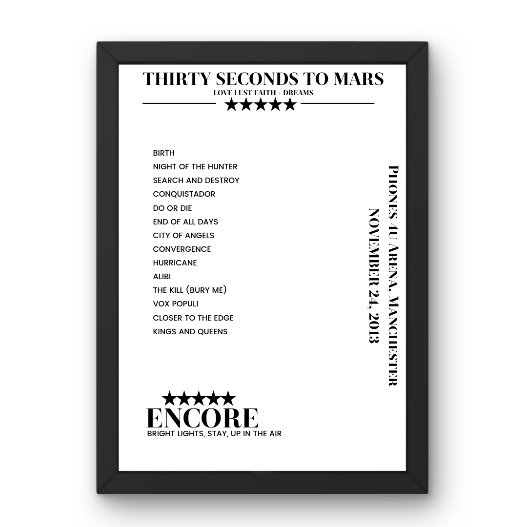 Thirty Seconds to Mars November 24, 2013 Phones 4u Arena Manchester Setlist Poster - Setlist