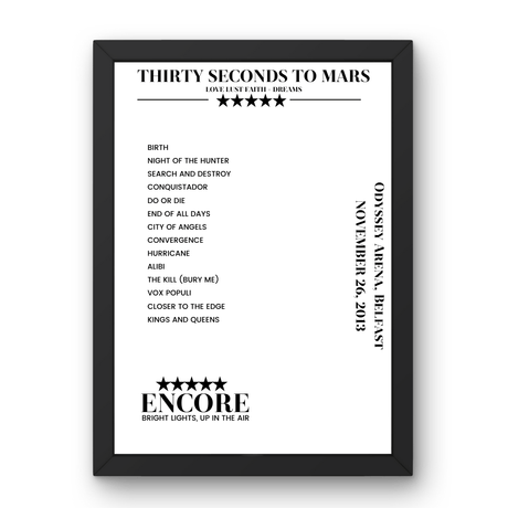 Thirty Seconds to Mars November 26, 2013 Odyssey Arena Belfast Setlist Poster - Setlist