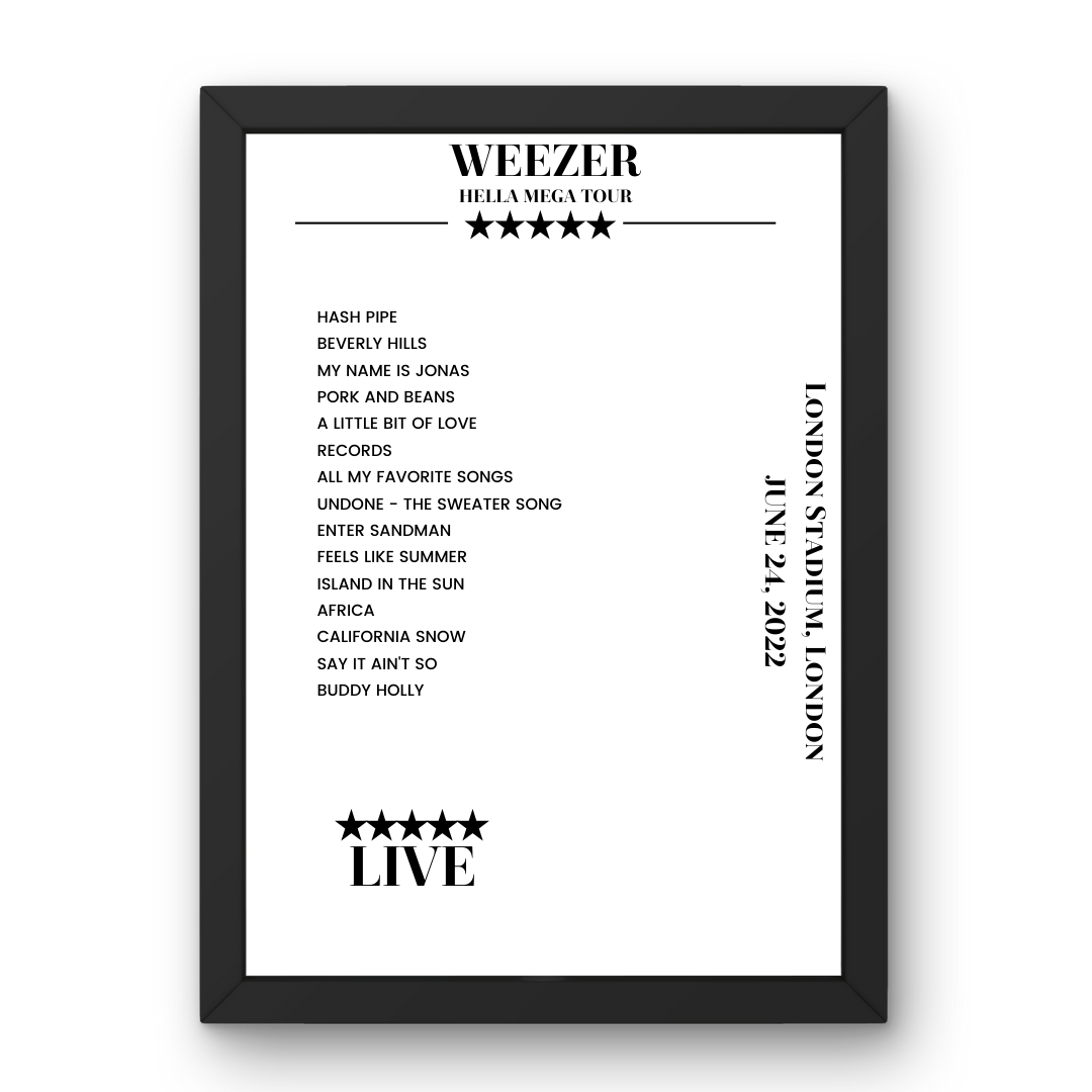 Weezer London Stadium London 24 June 2022 Setlist Poster - Setlist