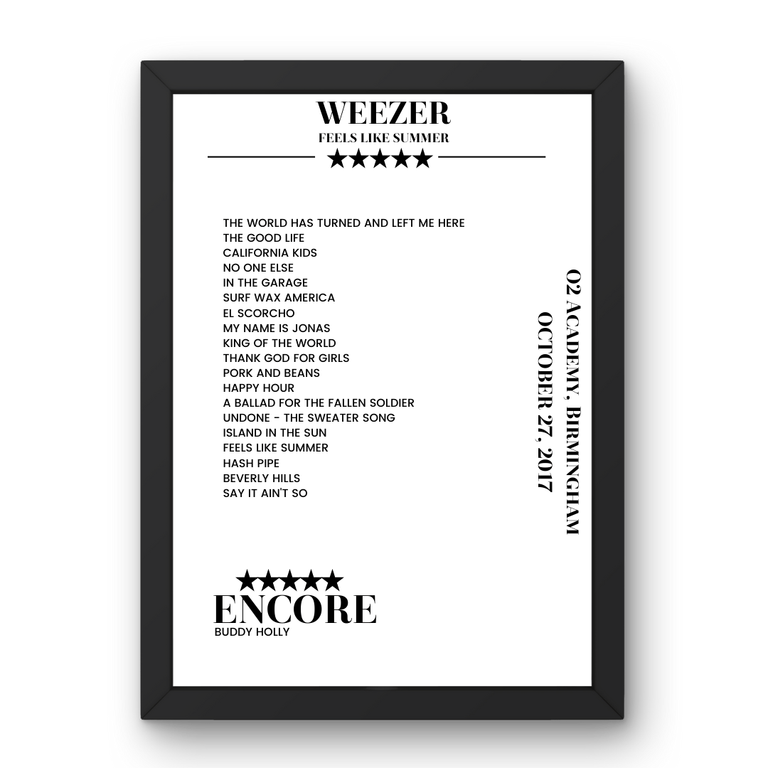 Weezer O2 Academy Birmingham 27 October 2017 Setlist Poster - Setlist