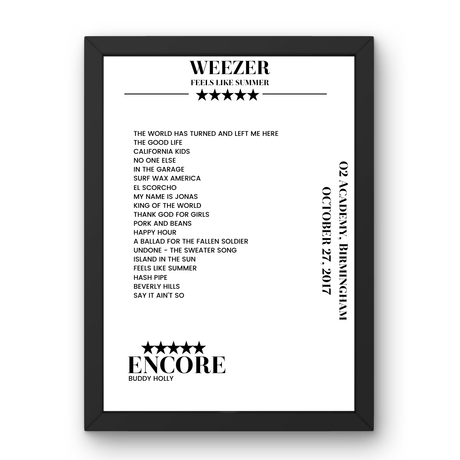 Weezer O2 Academy Birmingham 27 October 2017 Setlist Poster - Setlist