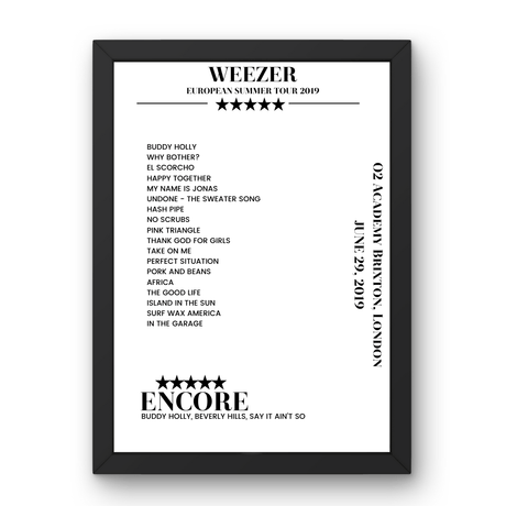 Weezer O2 Academy Brixton London 29 June 2019 Setlist Poster - Setlist