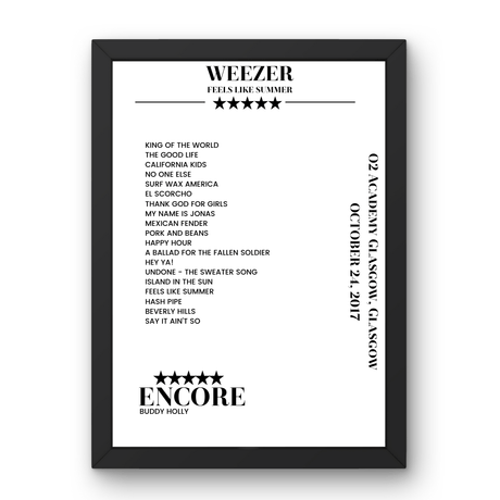 Weezer O2 Academy Glasgow Glasgow 24 October 2017 Setlist Poster - Setlist