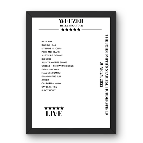 Weezer The John Smith's Stadium Huddersfield 25 June 2022 Setlist Poster - Setlist