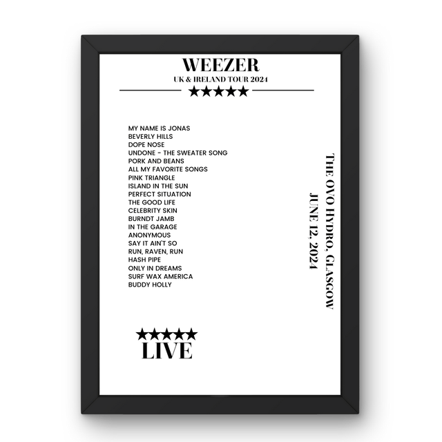 Weezer The OVO Hydro Glasgow 12 June 2024 Setlist Poster - Setlist