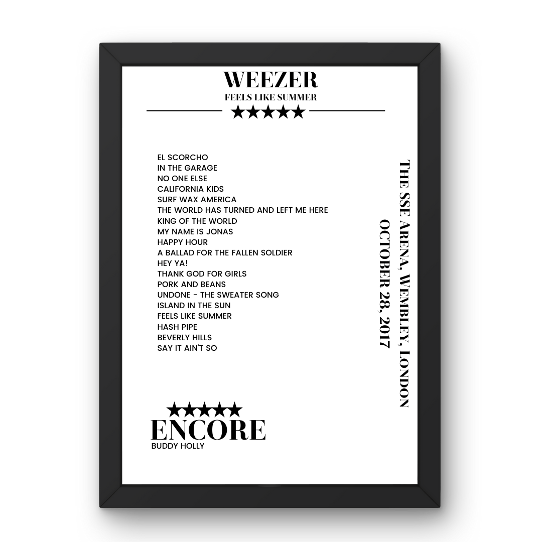 Weezer The SSE Arena, Wembley London 28 October 2017 Setlist Poster - Setlist