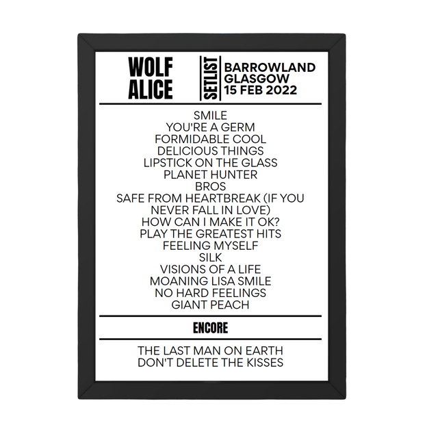 Wolf Alice - Glasgow - February 15th 2022 Replica Setlist - Setlist