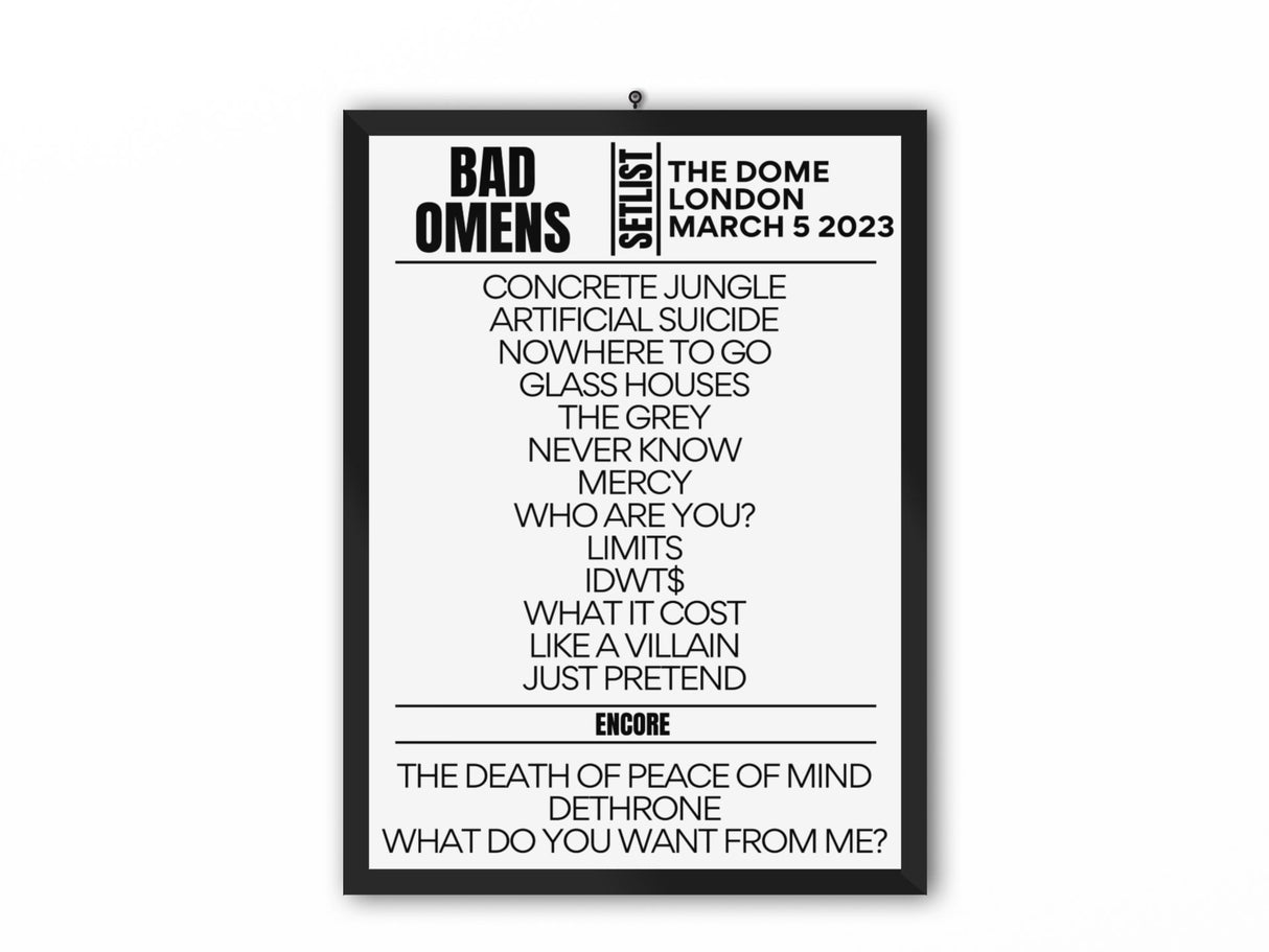 Bad Omens The Dome London Setlist Replica March 5, 2023 Setlist
