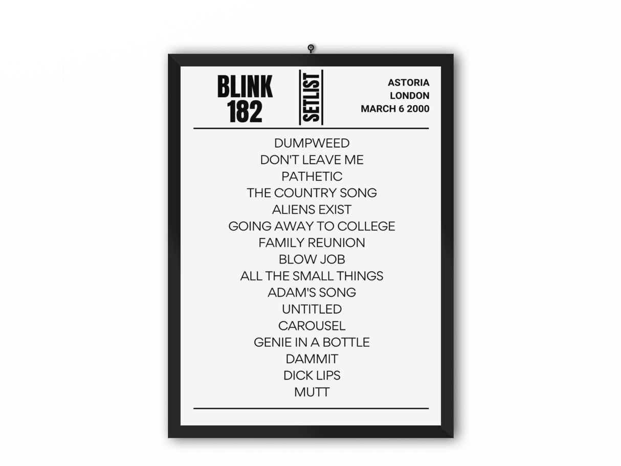 Blink 182 London Astoria March 2000 Replica Setlist - Setlist