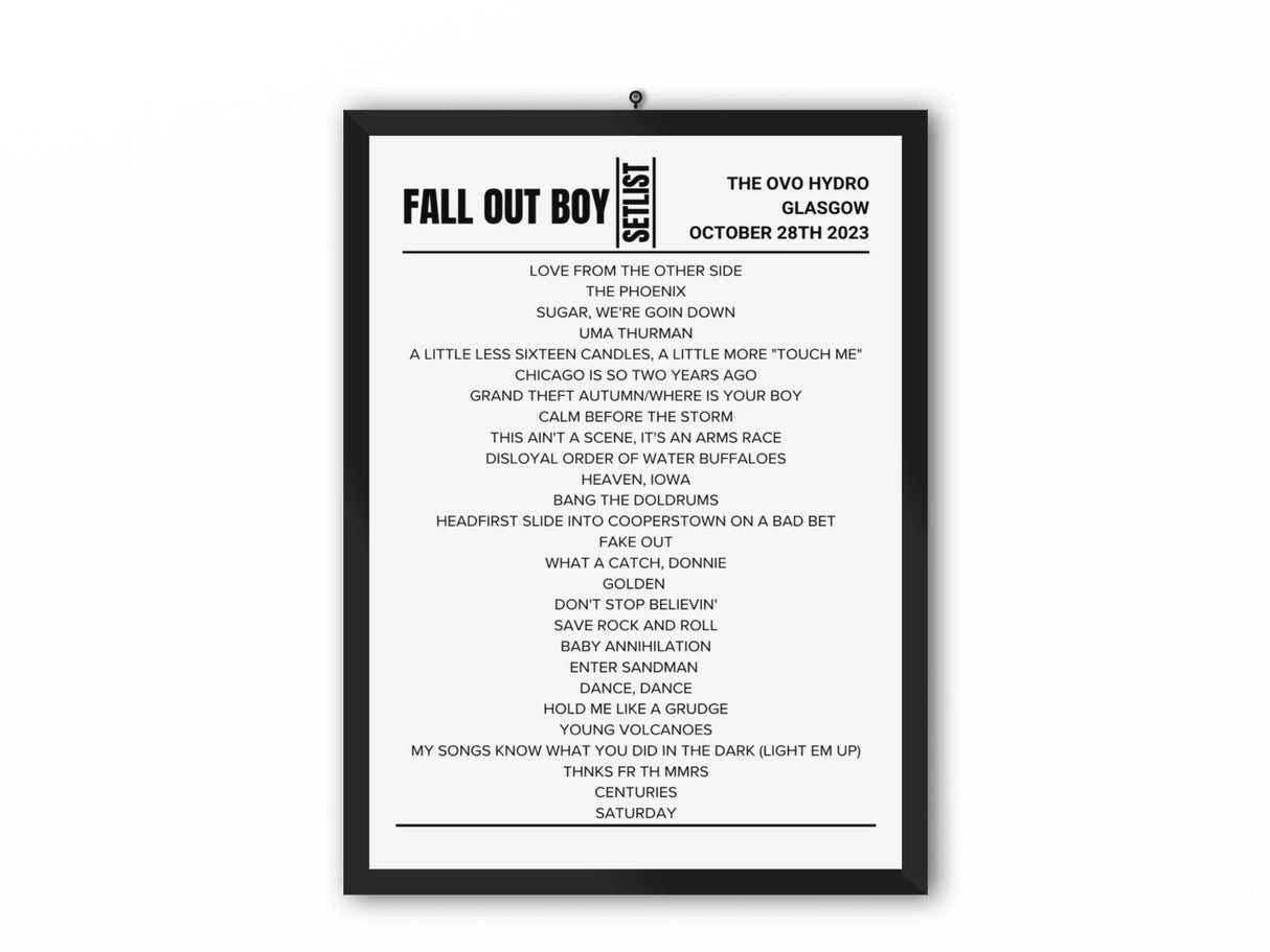 Fall Out Boy Glasgow October 2023 Setlist Replica - Setlist