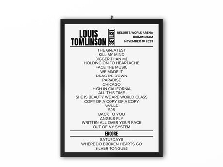 Louis Tomlinson Birmingham November 2023 Replica Setlist - Setlist