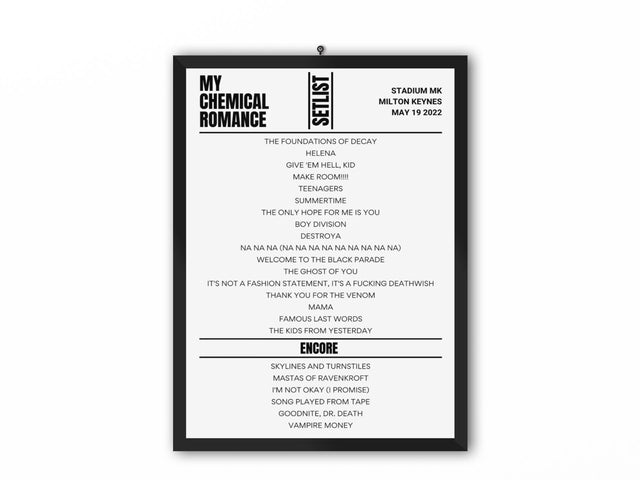 My Chemical Romance Milton Keynes Night 1 May 2022 Replica Setlist - Setlist