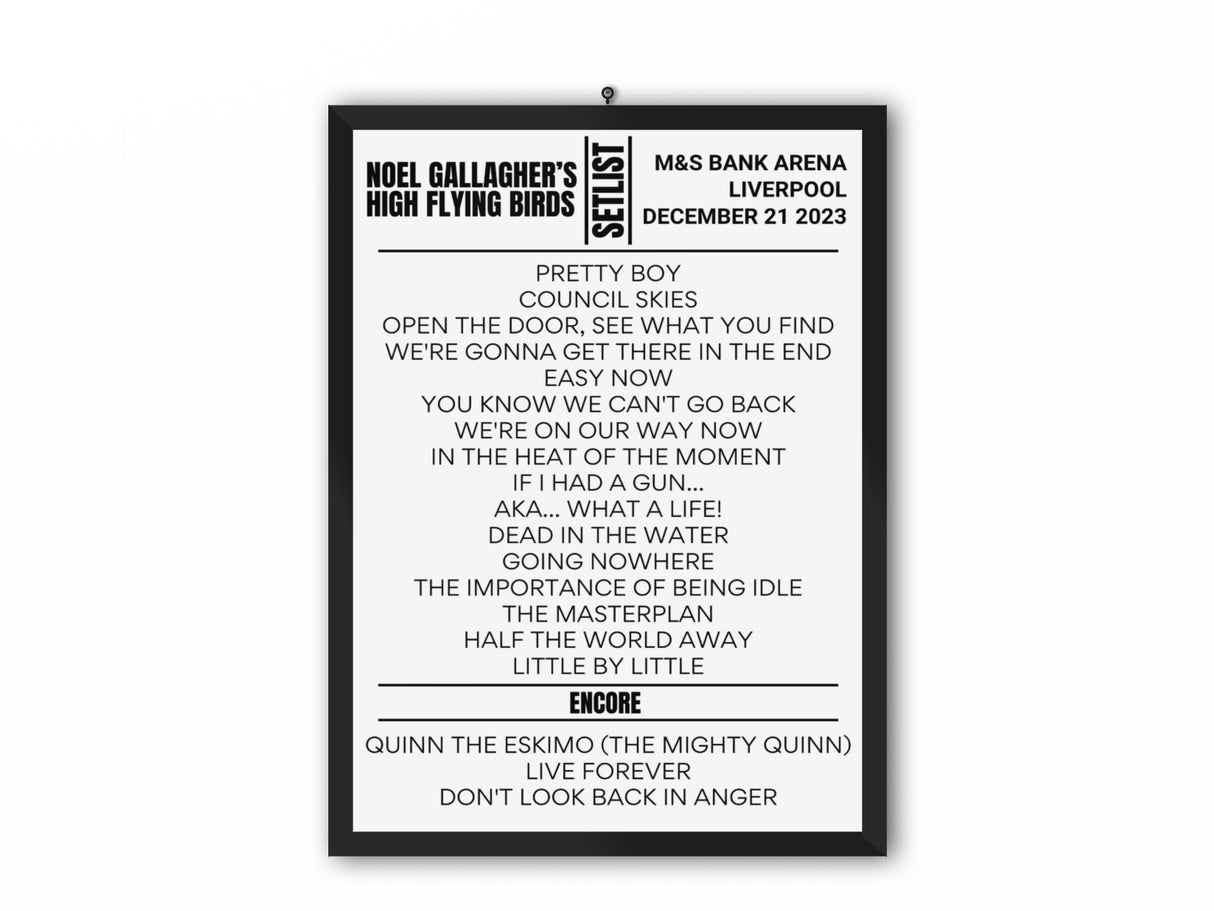 Noel Gallagher's High Flying Birds Liverpool December 2023 Replica Setlist - Setlist