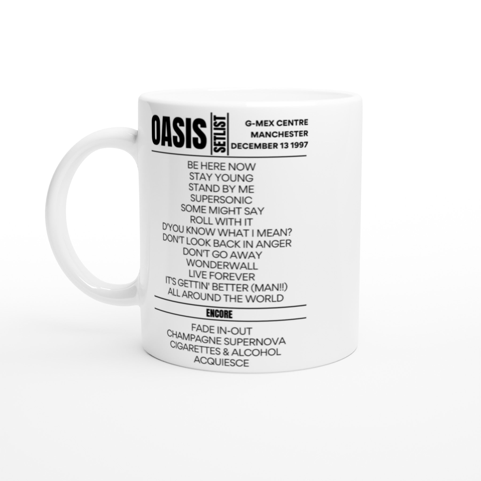 Dec 13, 1997, Oasis G-MEX Setlist Mug - Relive the Gallagher Magic