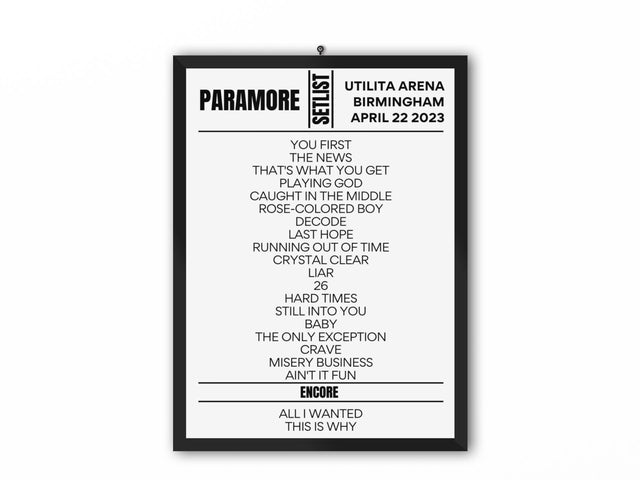Paramore Birmingham April 2023 Replica Setlist - Setlist