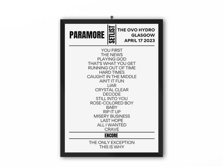 Paramore Glasgow April 2023 Replica Setlist - Setlist